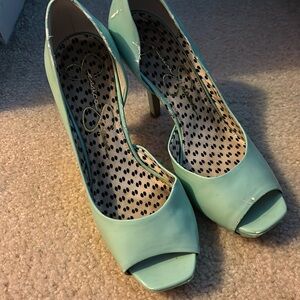 Teal colored Open toe heels